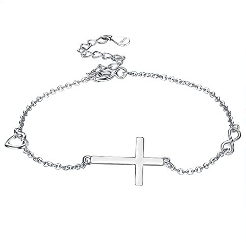 Bo Win 925 Sterling Silber Armband Mit Kreuz Und Unendlichkeitszeichen - Verstellbare Armkette Mit Herz Für Damen, Frauen Und Mädchen