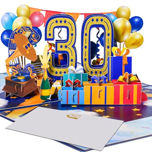 3D Pop-Up Karte 30. Geburtstag oder 30. Hochzeitstag – Festliche Karte mit Ballons, Geschenken, Trompete und Plattenspieler für Jubiläum und Geburtstagsfeier – Perlenhochzeit Pop-Up Karte