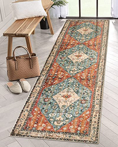 KIMODE Boho Tribal Läufer 60 x 210 cm, Bohemian Flur Küchenläufer Distressed Kunstwolle Rutschfest Waschbar Kurzflor Teppich, Für Eingangsbereich Flur Küche
