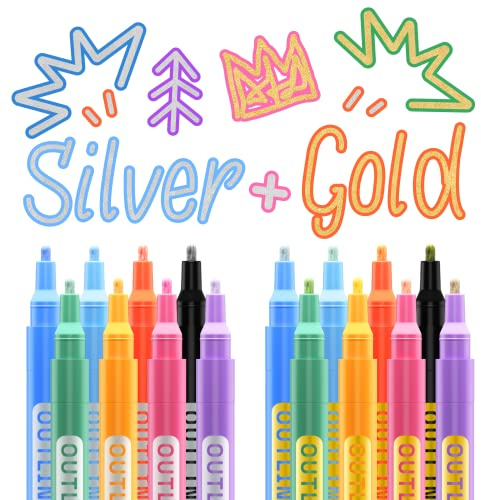 Artistro 16 Glitzerstifte Zauberstifte Umrissmarker, Metallic Marker Stifte, Gold- und Silber-Metallic Marker, Selbstumriss-Marker, Perfekt Weihnachtsgeschenke, Basteln Adventskalender Füllung