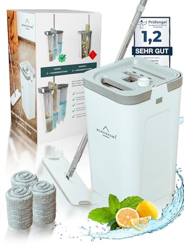 WONDERHOME - Bodenwischer Set mit Eimer - trennt Schmutz - von Frischwasser - innovatives 3 Kammer Wischmop Putzset + Auswringfunktion - Classic [Neu mit verlängerter 140cm Stange bestellen!]