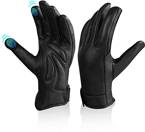 Leather Motorcycle Riding Gloves for Men Women Biker W/ Touchscreen, Waterproof Thermal Winter Gloves Full Finger Warm Glove in Cold Weather for Motorbike, Cycling, Driving, Hiking (Black, Size L)