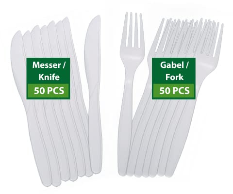 BIODORF Umweltfreundliche Mehrweg Besteck|100 Stück (50 Kompostierbare Gabel, 50 Kompostierbare Messer)|Plastikfrei|Biologisch abbaubar Besteck