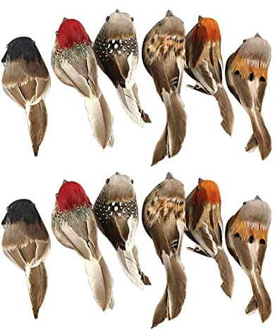Jasmeko Künstlicher Rotkehlchen-Vogel zum Anklemmen – roter Kardinal, Weihnachtsbaum-Dekoration, Vogel-Bastelsets für Baum, Haus, Garten, Party-Dekorationen im Freien (D-12Pcs-Sparrow)