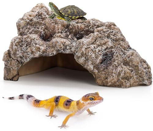 TOPZEA Reptile Hide Cave, Large Resin Bearded Dragon Hideout Caves Rock Snake Turtle Hides, Terrarium Habitat Decor Landscape Ornament for Gecko Lizard Hermit Crab, Amphibian Tank Accessories