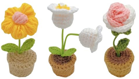 YANGSHINE - Confezione da 3 mini fiori artificiali in vaso fatti a mano all'uncinetto per decorare l'ufficio, l'auto, il cruscotto, colore: rosa