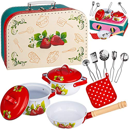 alles-meine.de GmbH 12 TLG. großes Set Koffer - Kochset & Topfset - Puppengeschirr/Kochtopfset - Erdbeere & Kochplatte - aus Metall/Emaille - echte Blech Töpfe/Panne + Kü..