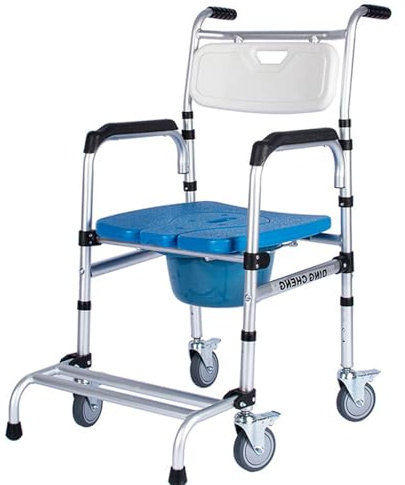ZXJDP Verstellbarer Toilettenstuhl Am Nachttisch, Rollender Transportstuhl Mit 4 Bremsrollen, Erhöhter Toilettensitz Mit Griffen Und Duschrollstuhl-Toilette Für Ältere Menschen