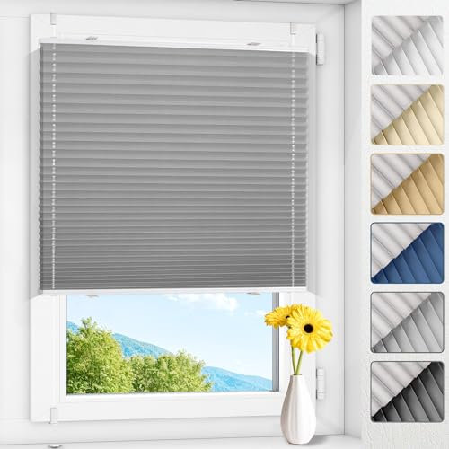Allesin Plissee ohne Bohren verdunkelung, Thermo plissee 100% verdunklung,Hellgrau 70x90cm(BxH) verdunklungsplissee Klemmfix für Fenster & Tür, Blickdicht Sichtschutz Sonnenschutz