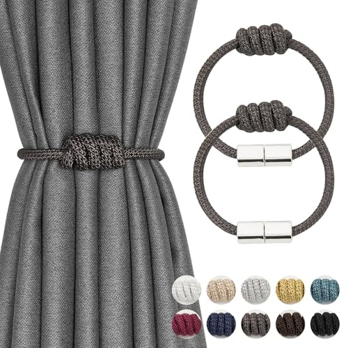 Pretty Jolly 2 Pack Mini Magnetic Curtain Tiebacks Modern Simple Style Drape Tie Backs Elegant Hand Weave Rope Knot Decorative Curtain Holdbacks for Home & Office Window Drapery (Dark Grey)