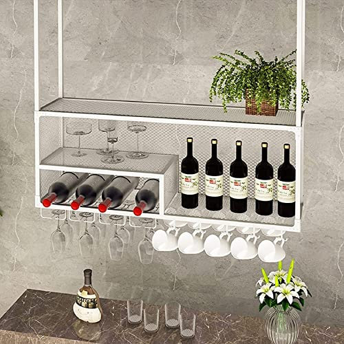 IBOWZ Deckenregal Decken Weinregal Industrielles Vintage-Deckenregal, hängender Weinflaschenhalter, Kelch-Stielglas-Halter, schwimmendes Dekorationsregal für Bars, Restaurants, Küchen, Metall