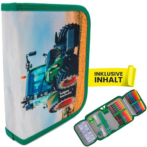 itenga Schüler-Etui 28 teilig gefüllt 1-Zipper Federmäppchen für Jungen und Mädchen (Traktor)