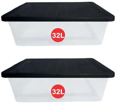 RelianceUK 32 Litre Plastic Storage Box with lid Under bed - Nestable, Stackable, Durable Underbed Large Containers for Home and Office - (32L / 2 Pack) Clear Plastic Boxes Made in U.K.