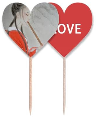 Red Beauty Flauta Pintura china Palillo de dientes Bandera Amor Corazón Etiqueta Cupcake Pick