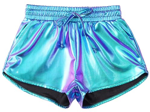 FEESHOW Girls Metallic Shiny Party Shorts for Sparkly Hip-hop Jazz Modern Dance Performance Costume Blue 9-10 Years