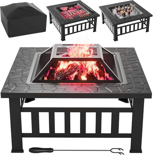 Ensemble De Brasero Carré en Métal De Qualité Supérieure avec Couvercle Et Accessoires – Parfait pour Les Patios Et Les Jardins, Comprend Un Tisonnier, Une Grille Et Idéal pour Le Camping