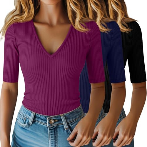 Riyiper Confezione da 3 Magliette da Donna a Maniche Corte in Cotone a Coste con Scollo a V e vestibilità Aderente(Nero, Blu Navy, Fucsia,XL)