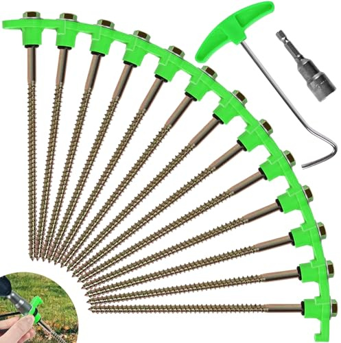 DHGKVK 12x Zeltheringe,Drehbare Zeltheringe mit Gewinde,Felsboden-Erdnägel für Camping,mit Adapter für Akkuschrauber, mit Nagelzieher, Robuste Stahl-Heringe für Camping und Outdoor