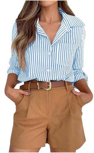 Generico Camicia Donna Estiva Manica Lunga a Righe Camicie con Bottoni Eleganti Blusa Scollo a V Casual Lavoro Lino Cotone Top Camicetta da Spiaggia Tinta Unita Classico