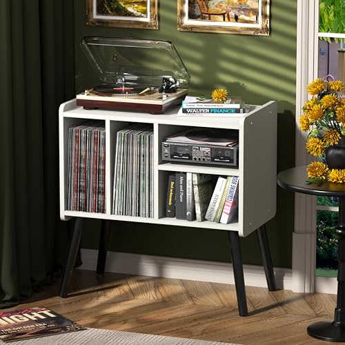 UODERS Plattenspielertisch, Plattenspielerständer aus der Mitte des Jahrhunderts mit Vinylaufbewahrung für bis zu 150+ Alben, Vinyl-Schallplattenschrank mit verstellbaren Regalen, Weiß