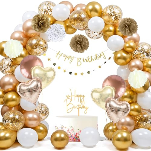 TaoTazon Geburtstagsdeko Fraun, Gold Beige Deko Geburtstag, Happy Birthday Deko mit Luftballons, Geburtstag Banner und Papierbommeln für Frauen, Mann, Mädchen, Junge, Baby (Golden)