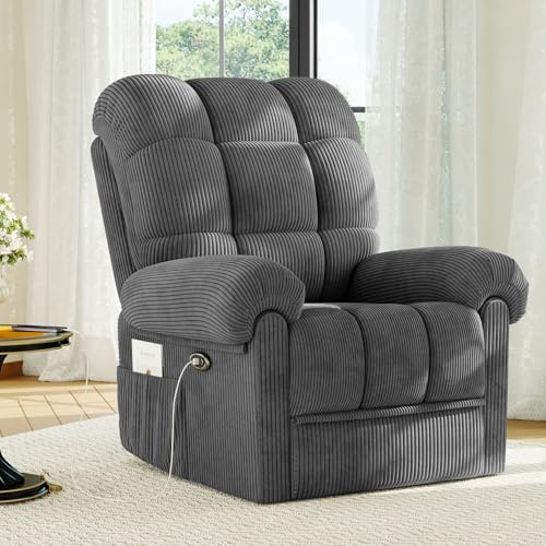Welzona Recliner Chair for Adults, Electric Recliner Armchair with Infinite Position, USB Port, Ultra-Comfy Padded Cushion Corduroy Reclining Chairs for Living Room with Side Pokect, Grey