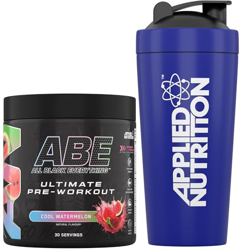 Applied Nutrition Bundle ABE Pre Workout 375g + 750ml Steel Protein Shaker | All Black Everything Pre Workout Powder, Energy & Physical Performance, Creatine, Beta Alanine (Cool Watermelon)