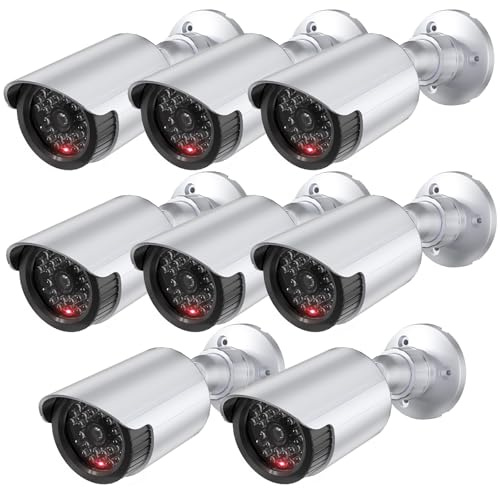 WALI Dummy Fake Simulated Surveillance Security CCTV Dome Camera Indoor Outdoor with One LED Light, Warning Security Alert Sticker Decal (TC-S8), 8 Packs, Silver
