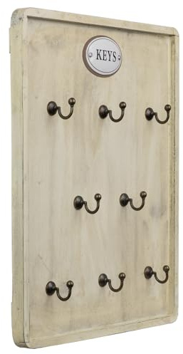 Moritz Schlüsselbrett Holz 12 Haken 35 x 27 cm cremeweiß – KEYS Vintage | Cremefarbenes Board mit ovalem Metallschild, Used-Finish im Shabby Chic, 5 cm tief, 0,7 kg, für Flur, Küche und Büro