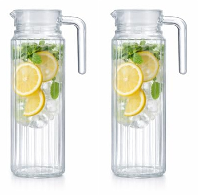 UNIQUE HOME LIVING Water Jugs for Fridge, Set of 2 Glass Jug with Lid, Glass Carafe for Cold Water Iced Tea Coffee Milk & Juice, Jug Pitcher Ribbed Design with Lid, Spill-Free Spout, 33oz / 1 Litre