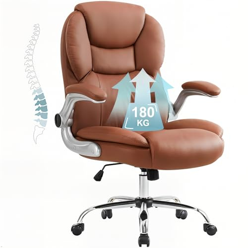 IWMH Großer und hoher Bürostuhl 180KG, Schreibtischstuhl Ergonomisch | Chefsessel Computerstuhl mit hochklappbarer Armlehne, höhenverstellbar, Drehbarer Arbeitsstuhl für das Homeoffice, Braun