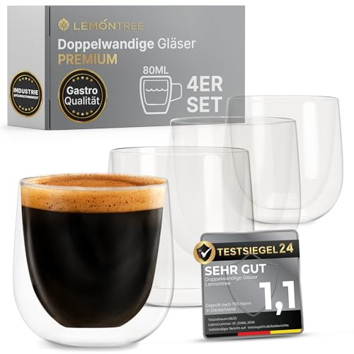 Lemontree Lot de 4 tasses à expresso de 80 ml - Qualité gastronomique - Passe au lave-vaisselle à 180 °C et résistant à la chaleur - Verres à double paroi en verre borosilicate - Verres à expresso