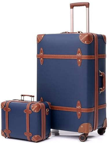 Urecity Vintage Reisekoffer Set 2 Teilig Leicht Retro Lederkoffer Hartschale Trolley Handgepäck Sets mit TSA Schloss und 8 Rollen (Blau, S(14)+XL(28))