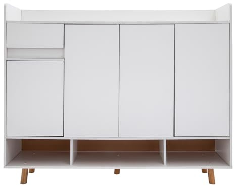 TFGXUE Schuhschrank, Schuhkommode Flur mit 4 Türen und 1 Schublade, 120 x 32 x 100 cm, Flur-Abstellschrank, Schuhregal für die tür, Warmweiß