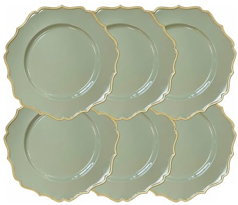 Reyox Assiettes de Présentation en Plastique Réutilisables, Assiettes de Service Ronde pour Noël Mariage Fête Événement vert 6 pièces 33 cm