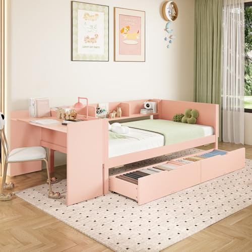 MUZHIXIANG Flachbett Mit Ausziehbett Und Schreibtisch Kinderbett Multifunktionsbett Für Jugendzimmer Platzsparend Modernes Design Mit Regalen (Pink + Pine)