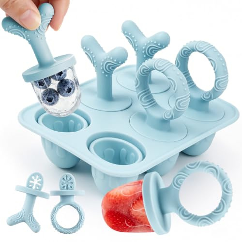Eisformen für Kinder, Silikon Eisformen 6 X 17ML Mini Baby Eis am Stiel mit Beißring Stiel für Kleine Hände, Baby-Zahnungshilfe BPA-Frei Ideal für Fruchtpüree Muttermilch (Blau)