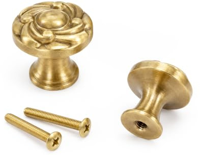 SHAOWENCB Lot de 2 boutons de placard en cuivre massif - Motif floral antique - Poli à la main - Doré - Pour armoire de cuisine, commode, tiroir, porte, vis M3 de 25 mm