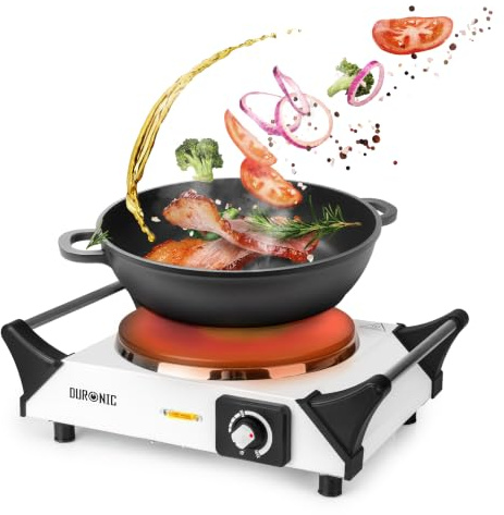 Duronic Electric Hot Plate HP1 WE, 1500W Single Burner Hob, Portable Table Top Cooker with Cast Iron Ring & Cool-Touch Handles for Camping, Caravans, Home, Small Kitchens, White