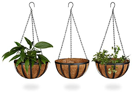Relaxdays Blumenampel 3 Körbe, Kokos, 21 Liter Volumen, mit Kette, 30 cm Durchmesser als Hängeampel, braun, 30 x 30 x 65 cm