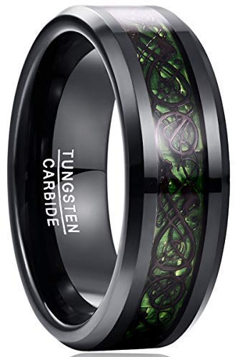NUNCAD Tungsten Carbide Ring for Men Black Celtic Dragon and Blue/Green/Red Carbon Fiber Inlay Wedding Band Size J1/2-Z+3