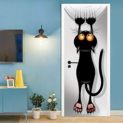 Yelilad Türtapete Selbstklebend TürPoster Türaufkleber 3D Wohnzimmer Schlafzimmer Badezimmer Wasserdicht Abnehmbare Professionelle Vinyl Upgrade, Tier Lustige Nette Schwarze Katze 90x200 cm
