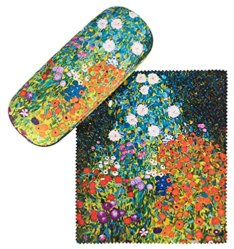 VON LILILENFELD Glasögonfodral Gustav Klimt Gårdsträdgård Konst Motiv Fodral Glasögon Mikrofiber Rengöringsduk Glasögon Box Stabilt Hårt Fodral Set Täckt med Tyg