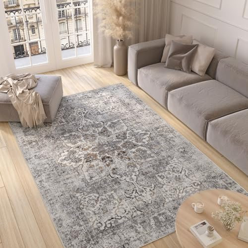 TAPISO Valley Teppich Kurzflor Vintage Blumen Hellgrau Rosette Ornamental Meliert Verwischt Used Effekt Wohnzimmer Schlafzimmer ÖKO-TEX 200 x 300 cm