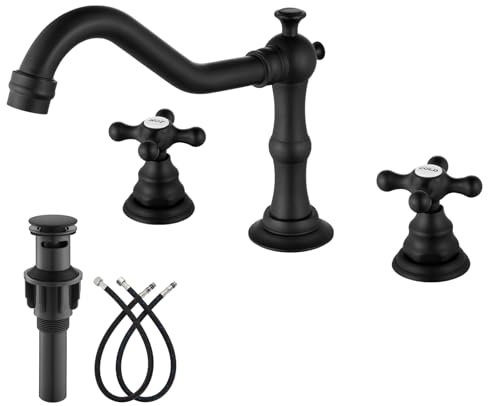 gotonovo Robinet de salle de bain à 3 trous de 20,3 cm, robinet d'évier de salle de bain large 2 poignées en croix, robinet mélangeur vintage avec drain pop-up, étiquette chaude et froide, noir mat