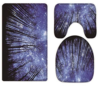 A.Monamour Badezimmer Badematte 3 Teilig Set Blaue Nachthimmel Glänzende Sterne Bäume Wald Silhouette Flanell WC Toilette Deckel Deckt Bad Matte Teppich Badteppiche Badvorleger Badgarnitur Vorleger