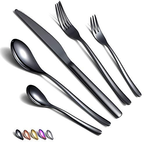 HOMQUEN Set di posate nere da 30 pezzi, set di posate in acciaio inox, rivestimento in titanio nero, set di utensili per 6 (nero lucido)