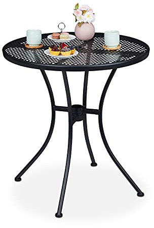 Relaxdays Gartentisch, mit Schirmloch, Gitter-Optik, wetterfest, Stahl, HxD: 72 x 70 cm, runder Balkontisch, schwarz