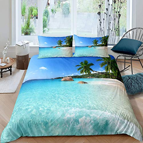 Homewish Set di biancheria da letto con copripiumino e 2 federe, motivo oceano, ideale per la spiaggia, ideale come decorazione per la casa, con palme tropicale, mare, 1 copripiumino con 2 federe,
