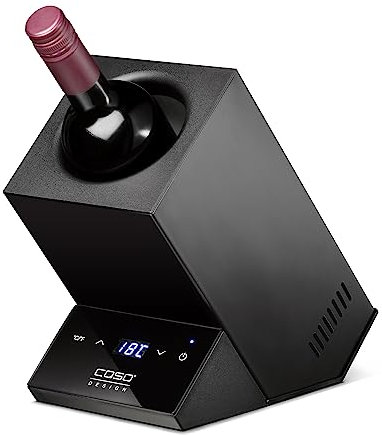 CASO WineCase One Black - Raffreddatore di vino dal design per una bottiglia, temperatura regolabile da 5 a 18 °C, adatto a bottiglie fino a 9 cm di diametro, con controllo touch, acciaio inox, nero